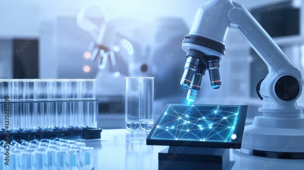 Poster advanced laboratory technology with robotic arm and microscope