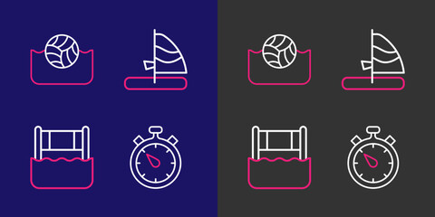 Set line Stopwatch, Water volleyball net, Windsurfing and polo icon. Vector