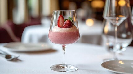 Fototapeta premium A delicate strawberry mousse presented in a glass, topped with a thin slice of fresh strawberry