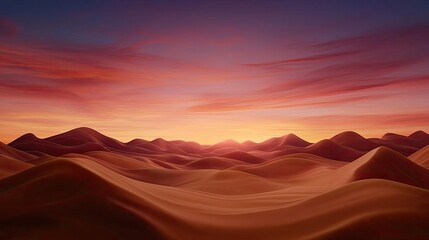 Naklejka premium Desert dunes sunset serene landscape with vibrant horizon and soft fog concept. Stunning sunset over rolling desert sand dunes with vibrant colors.