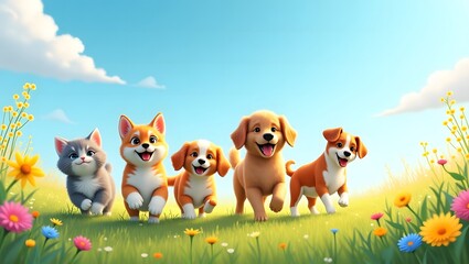 Fototapeta premium group of pets two cats and a couple of dogs walking on the grass in a sunny summer meadow