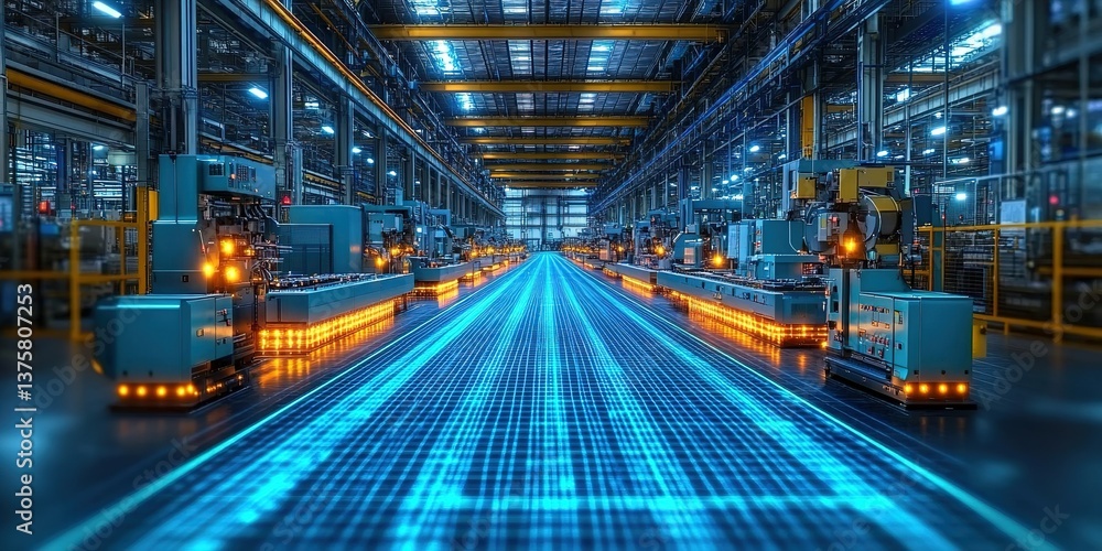 Poster advanced manufacturing facility showcases automated assembly lines in action during vibrant producti