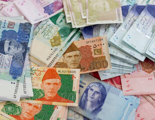 Pakistani Currency Notes Closeup. Top View.