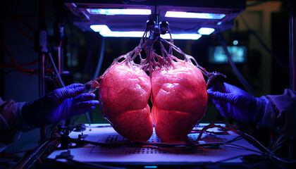 A scientific setting showcasing two glowing, artificial organs resembling lungs, held by gloved hands under bright, modern lighting.