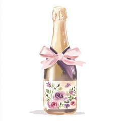 Pink Champagne Prosecco Bottle - Watercolor Illustration of Sparkling Rosé Wine with Gold Top and Bow