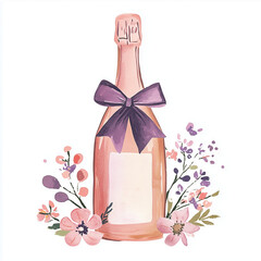 Pink Champagne Prosecco Bottle - Watercolor Illustration of Sparkling Rosé Wine with Gold Top and Bow