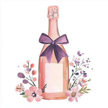 Pink Champagne Prosecco Bottle - Watercolor Illustration of Sparkling Ros&eacute; Wine with Gold Top and Bow