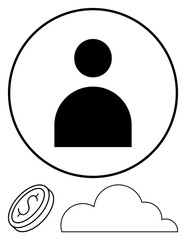 User silhouette enclosed in a circle, coin with dollar sign, and cloud symbol below. Ideal for identity, finance, online access, savings, cloud storage technology data. Flat simple metaphor