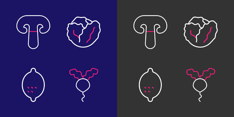 Set line Radish, Lemon, Cabbage and Mushroom icon. Vector