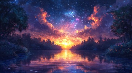 Fototapeta premium Starry sunset over a tranquil lake in a forest