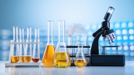 Laboratory Setup with Glassware, Microscope, and Colorful Liquids
