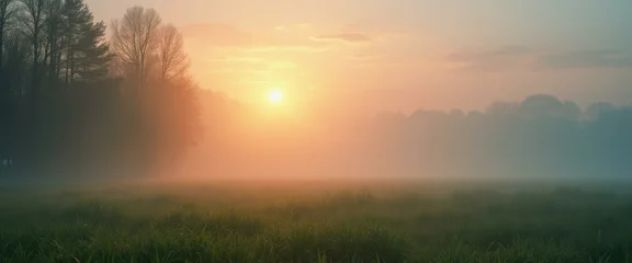 Fototapeten Misty Meadow Sunrise: A Tranquil Landscape with Lush Green Grass and Silhouetted Trees Bathed in Golden Light © vadosloginov