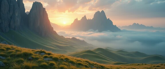 Serene mountain landscape featuring rolling green hills, towering rock formations, and a golden sunset piercing through a sea of clouds.