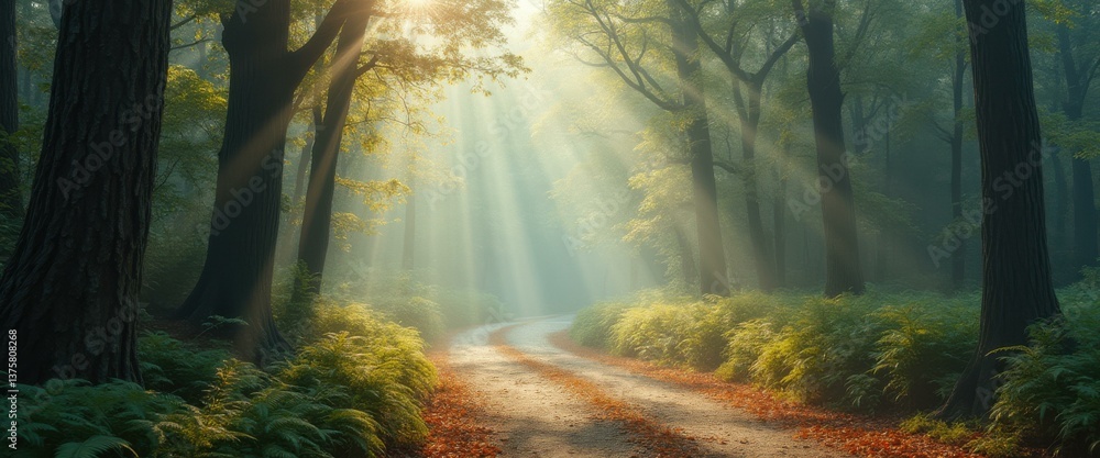 Aufkleber Sunbeams filtering through a dense forest canopy onto a winding path covered in fallen leaves