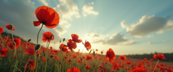 Fototapeta premium Tranquil Field of Red Poppies at Sunset with Blue Sky and Clouds - Serene Landscape Photography