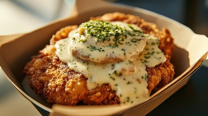 A food truck-style chicken fried steak served in a paper tray with gravy on the side.