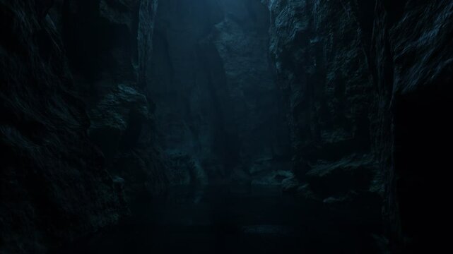 Passage through dark cave illuminated with light from above