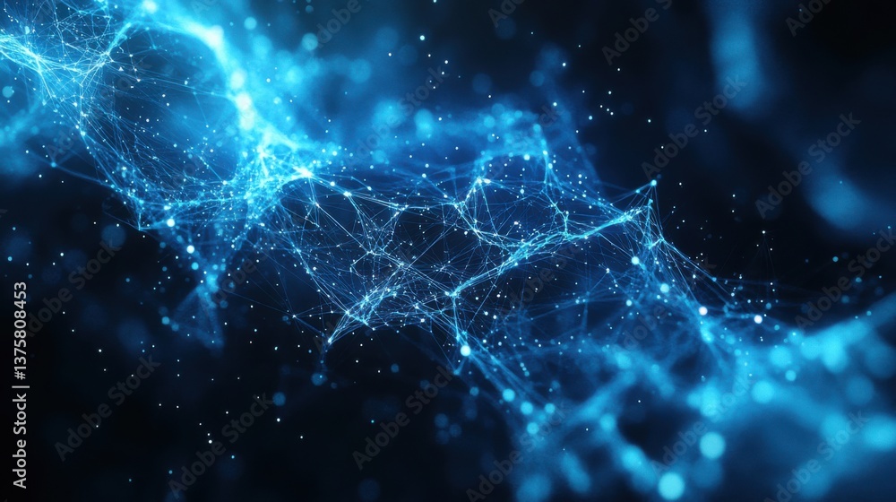 Poster a mesmerizing abstract representation of interconnected blue lines and particles on a dark backgroun