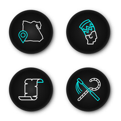 Set line Crook and flail, Papyrus scroll, Nefertiti and Map of Egypt icon. Vector