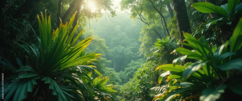 Poster sunlight filters through a lush jungle canopy, illuminating vibrant green foliage and creating a ser
