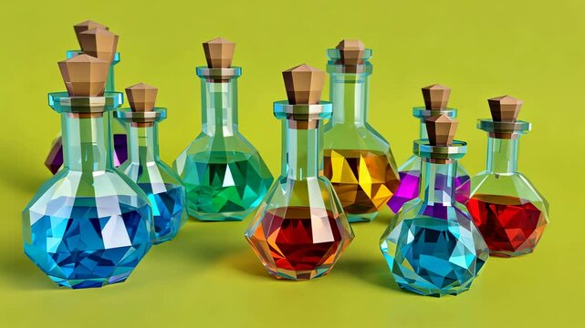 Low-poly 3d potion bottles, filled with liquids of a different color on a green abstract background. Video game assets.