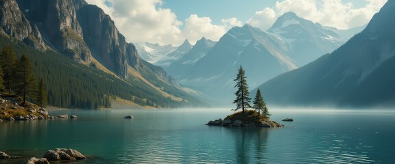 Mountain lake landscape with turquoise water, rocky islet with trees, and snow-capped peaks in the distance creating a tranquil an