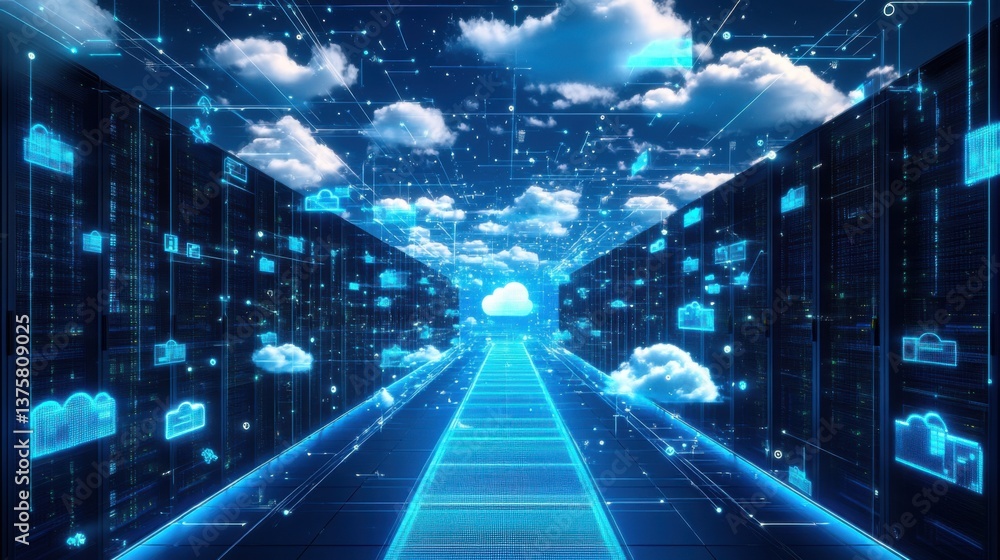Poster a futuristic data corridor featuring digital clouds and glowing servers, symbolizing cloud computing