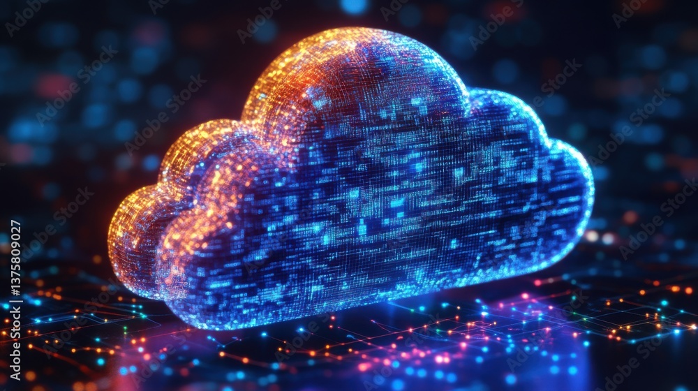 Poster a vibrant, digital cloud symbolizing cloud computing, surrounded by luminous data streams, represent