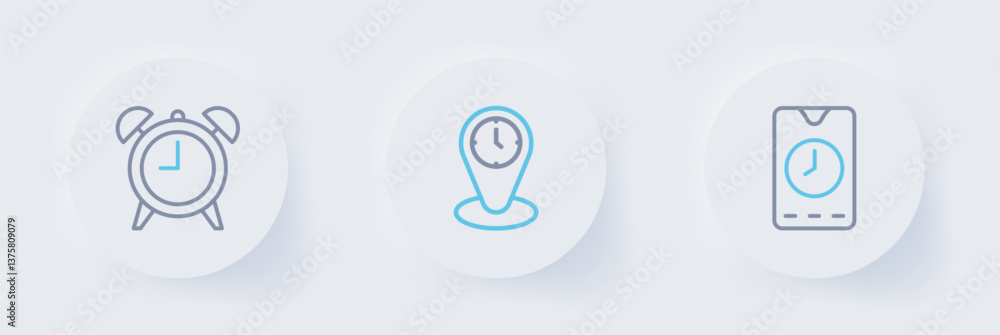 Aufkleber set line alarm clock app mobile, time zone clocks and icon. vector