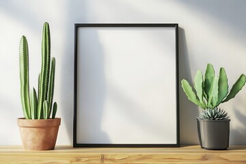 Modern Black Mockup with Cacti on Wood Shelf Against White Textured Wall