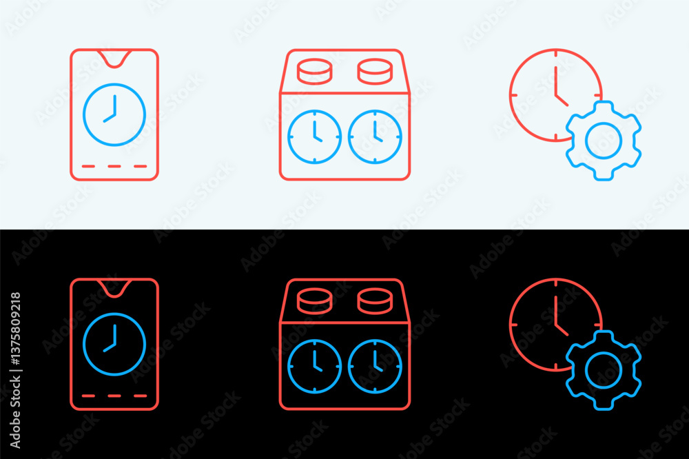 Aufkleber set line time management, alarm clock app mobile and chess icon. vector