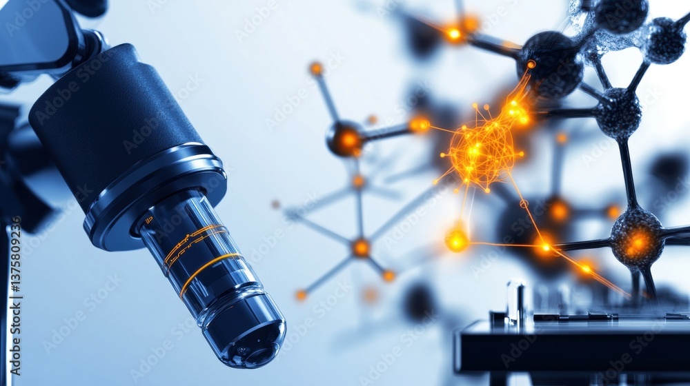 Poster laboratory microscope and molecular structure visualization concept