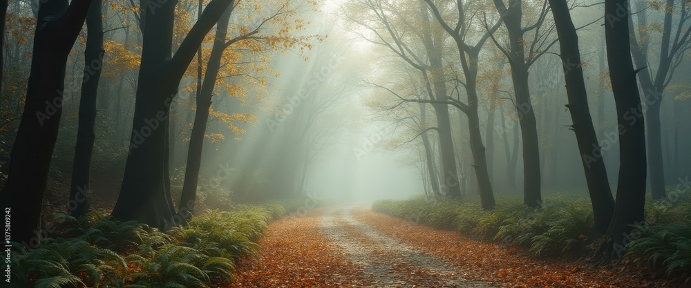 Poster Serene autumn forest path with mist and sunlight filtering through trees creating a peaceful nature scene