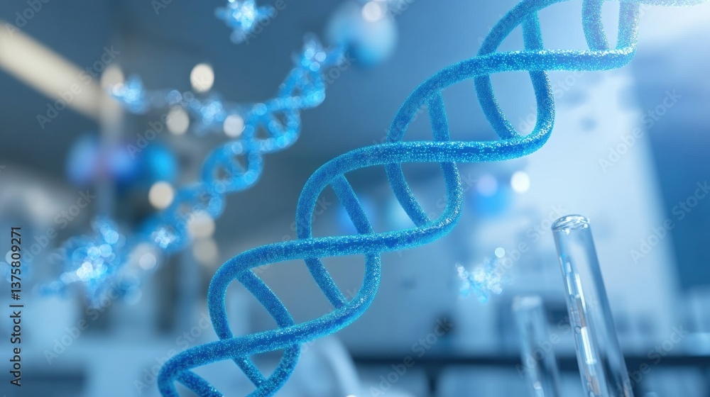 Poster blue dna helix on laboratory background with bokeh effect