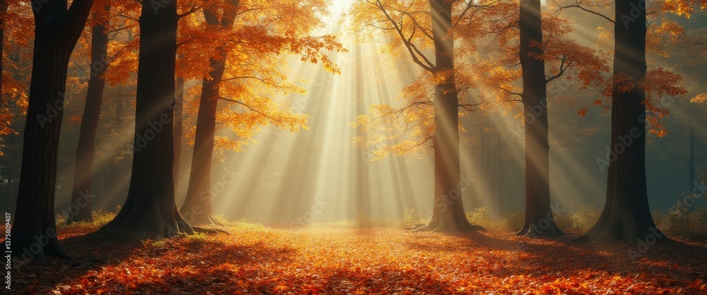 Poster golden sunlight filters through autumn trees, creating a serene path of fallen leaves, evoking a sen