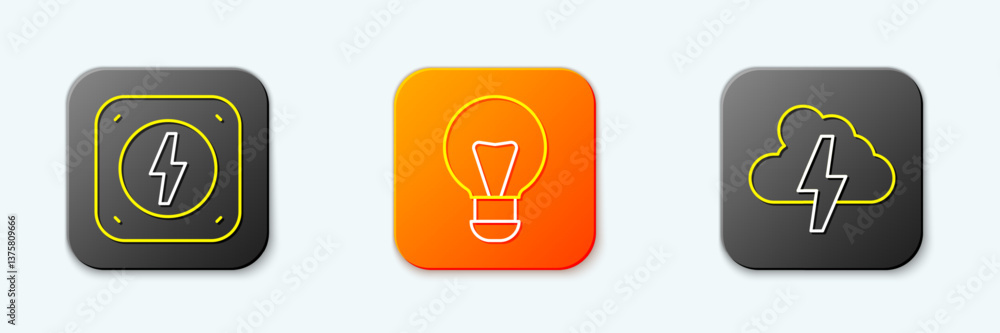 Poster set line lightning bolt, creative lamp light idea and cloud and lightning icon. vector