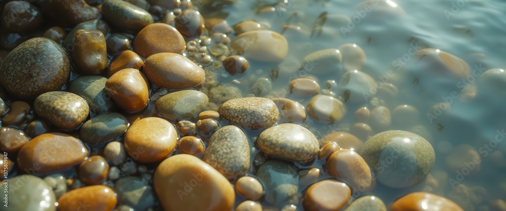 Poster smooth river stones glistening at the water's edge under soft sunlight creating a peaceful and relax