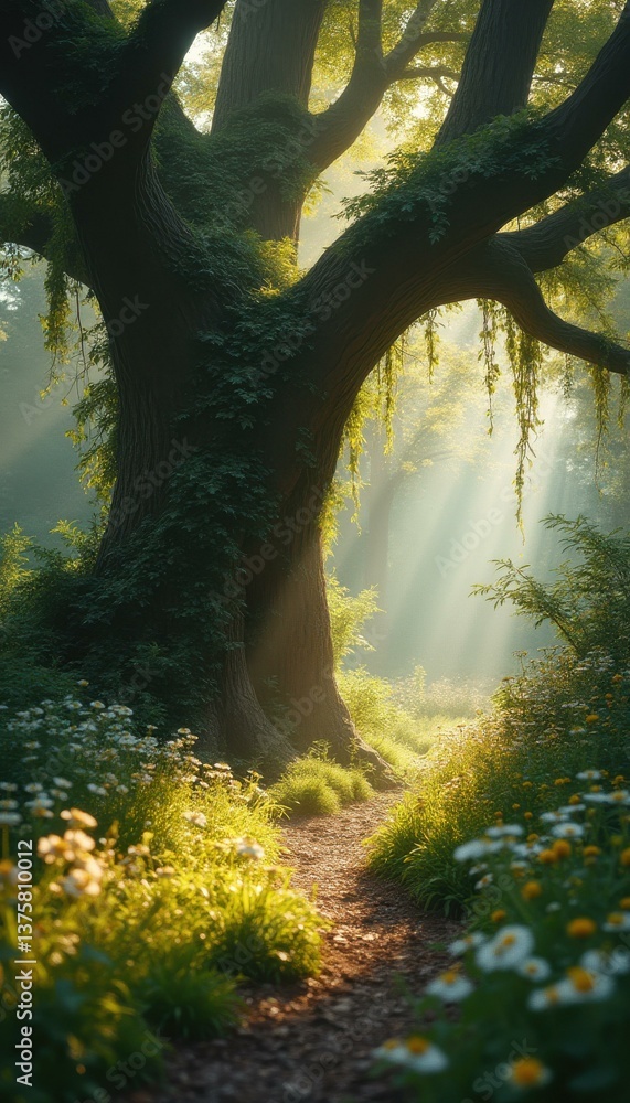Poster forest path with sunlight beaming through trees covered in green moss and vines, white flowers linin