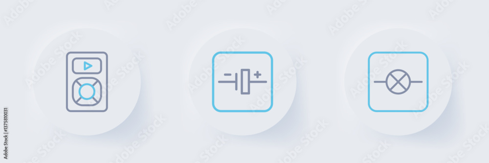Poster set line lamp in electronic circuit, dc voltage source and music player icon. vector
