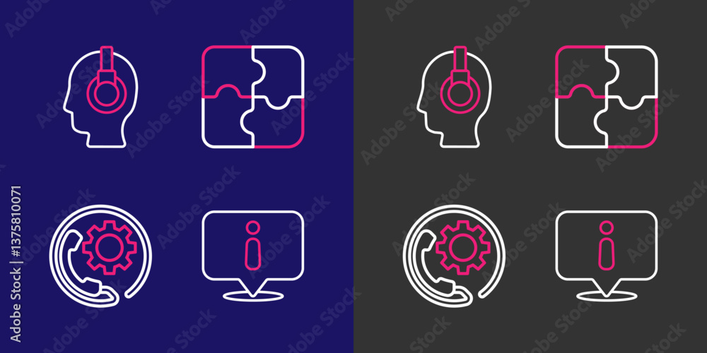 Poster set line information, telephone 24 hours support, piece of puzzle and support operator in touch icon