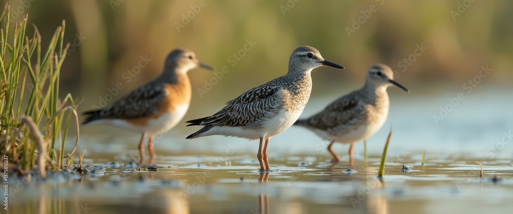 Aufkleber sandpipers wading in shallow water at dusk in a serene landscape, creating a picturesque scene, with