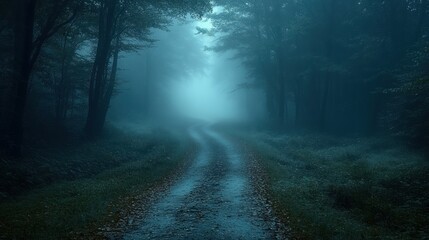 Misty forest road winding through trees at dawn