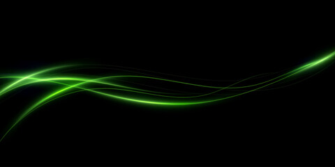 Green speed lines, light in motion, glowing light trails with sparkles. Vector decor wind.