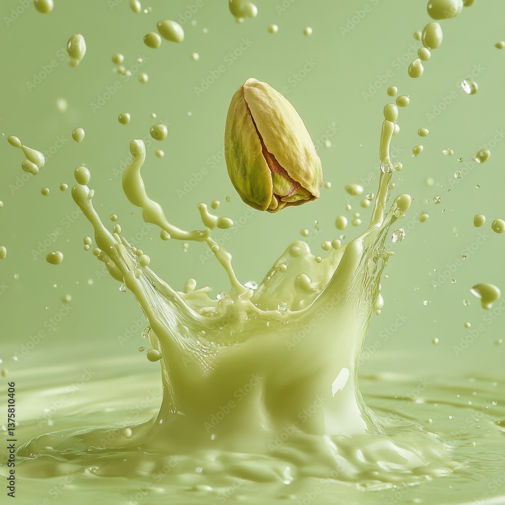 Poster a pistachio nut splashes into a creamy green liquid, creating dynamic droplets and a visually striki
