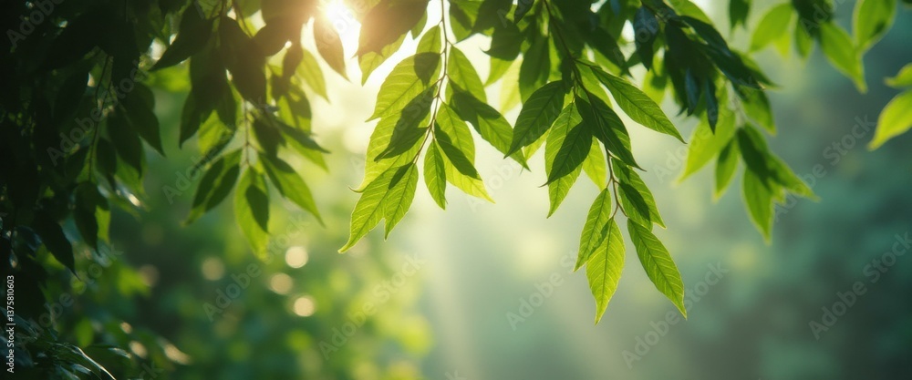 Poster sunlight filters through fresh, green leaves, casting light and shadow. branches create a natural bo