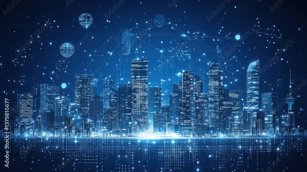 Poster a futuristic city skyline illuminated in blue, featuring digital elements and networks, creating a v