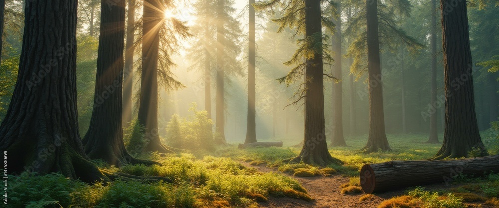 Aufkleber tranquil woodland scene with sunbeams piercing through towering trees, creating a magical atmosphere