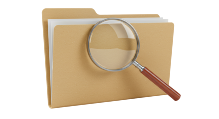 Isolated Magnifying Glass Over Brown Folder Filled with Documents