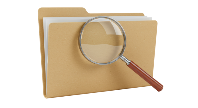 Isolated Magnifying Glass Over Brown Folder Filled with Documents