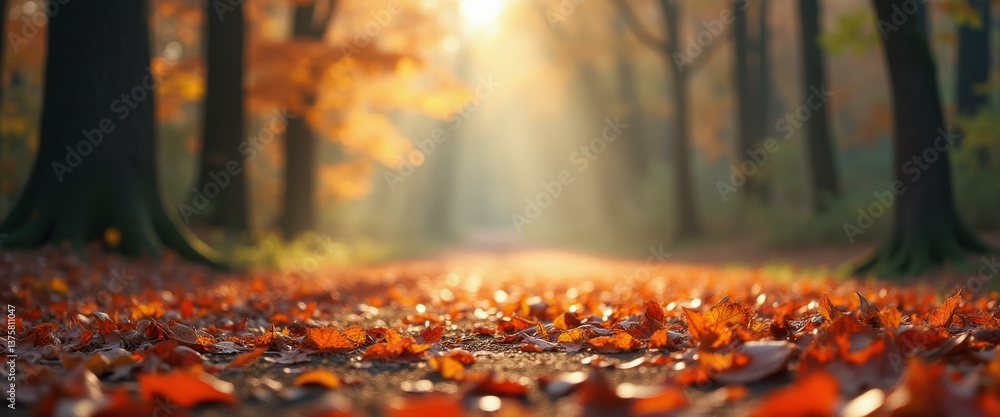 Poster autumn path: a serene forest lane covered in fallen leaves, bathed in soft sunlight filtering throug